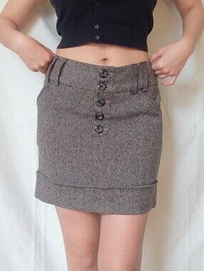 Vintage Mini Cool Brown Office Skirt With Buttons and Pockets